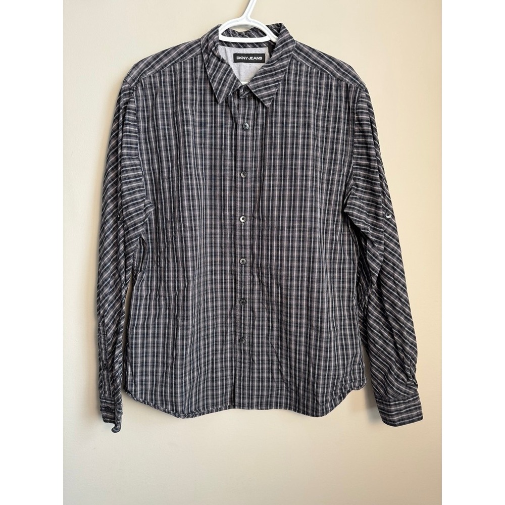 DKNY Jeans Mens Y2K Plaid Button Up Shirt Long Sleeve Grey Large Retro Preppy